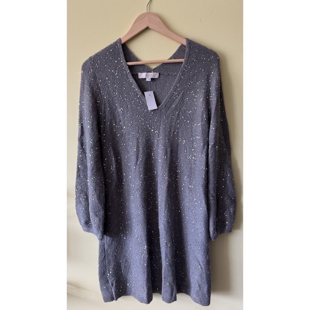 LOFT Large Sequin Sweater Dress Charcoal Gray Holiday Party Glam NWT